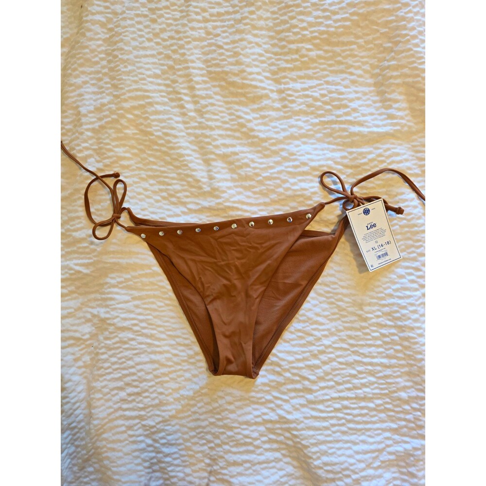 Lee Women’s Brown Solid Studded Tie Side Bikini Bottom, Adjustable, XL